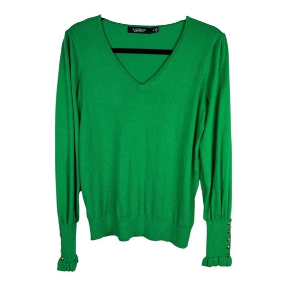 Lauren Ralph Lauren Black Label Sz M Sweater Emerald V Green Neck Ruffle Cuff - Picture 1 of 9